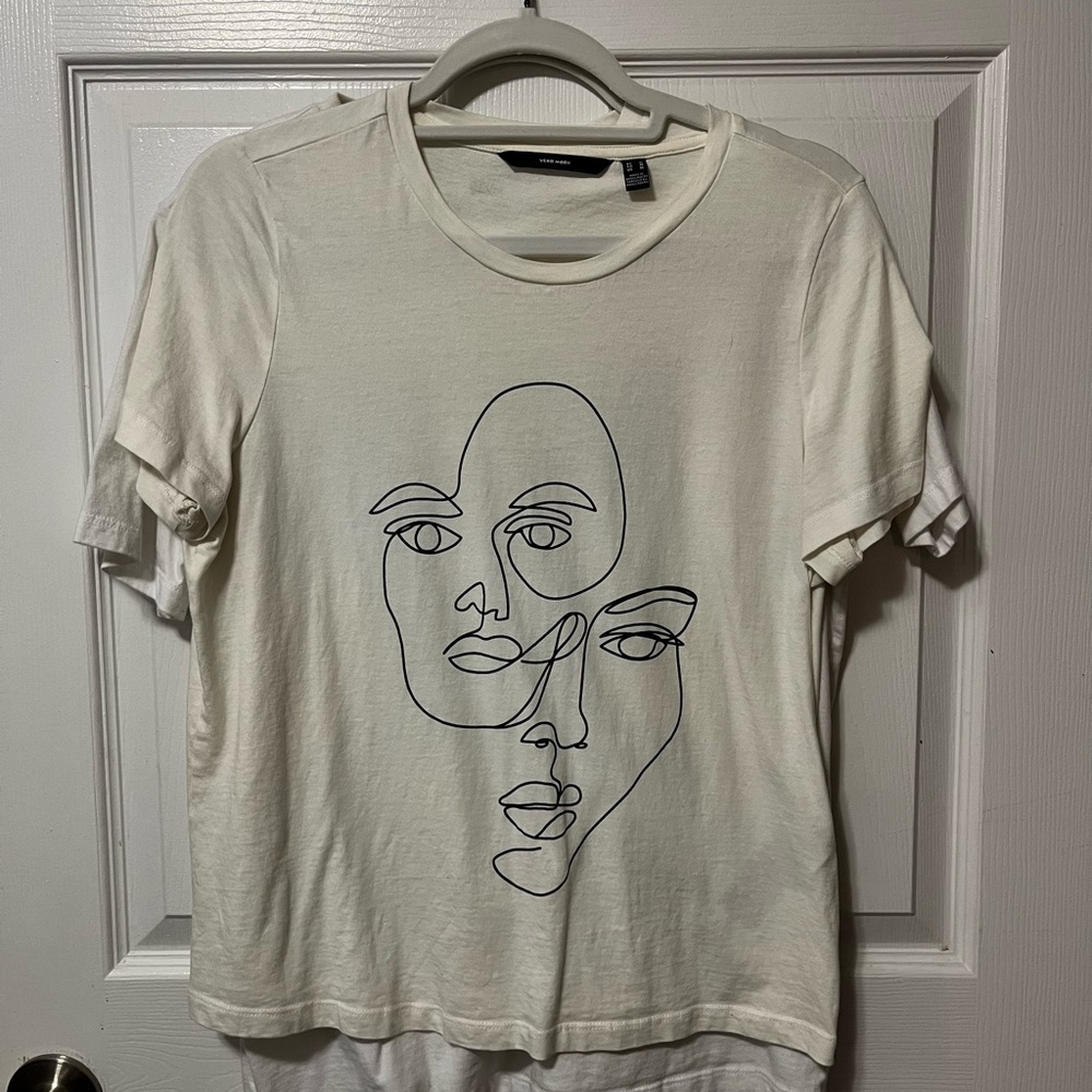 Cream Graphic T-Shirt with Abstract Face Design